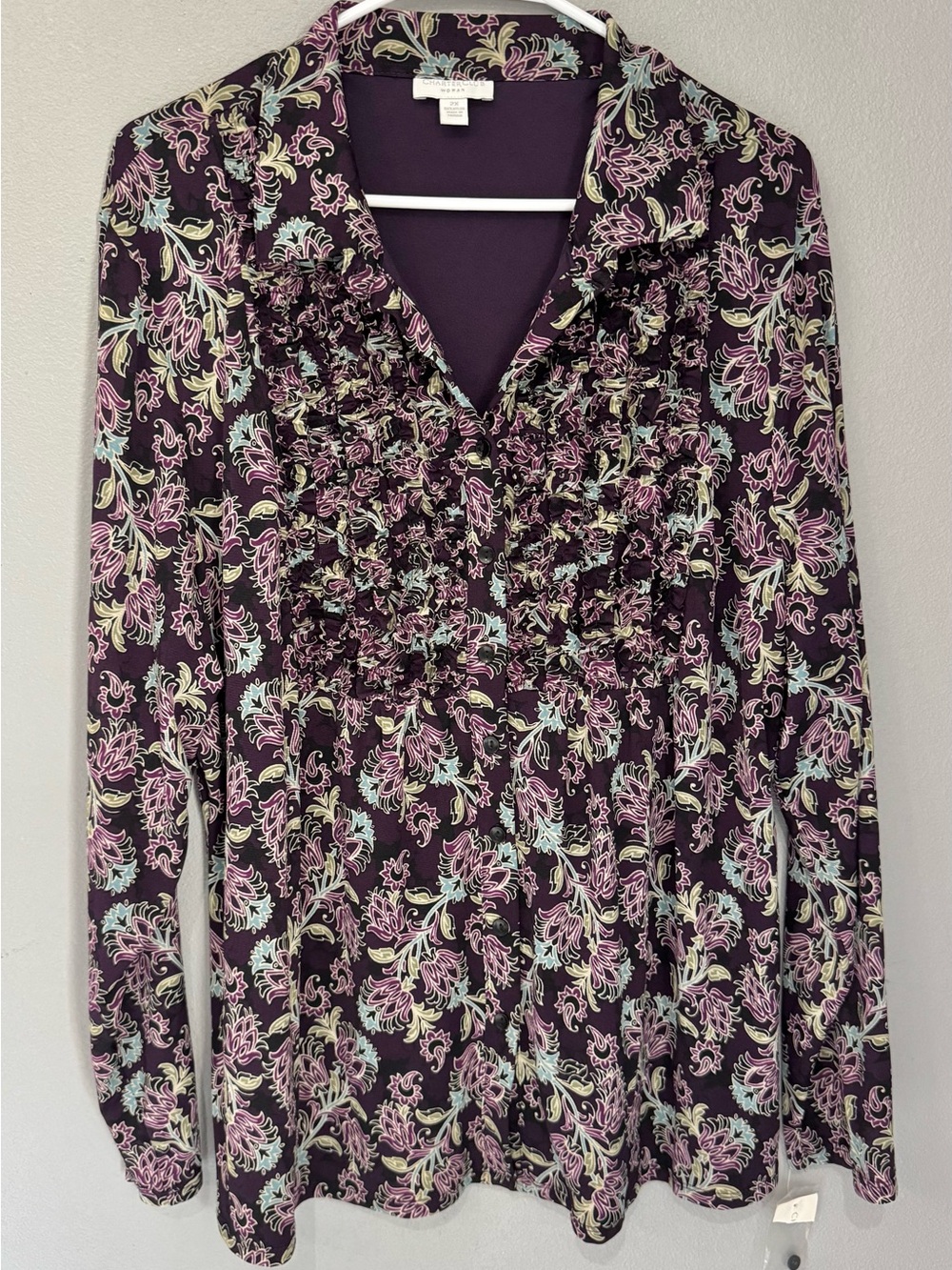 Charter Club Purple Floral Ruffle-Front Blouse NWOT